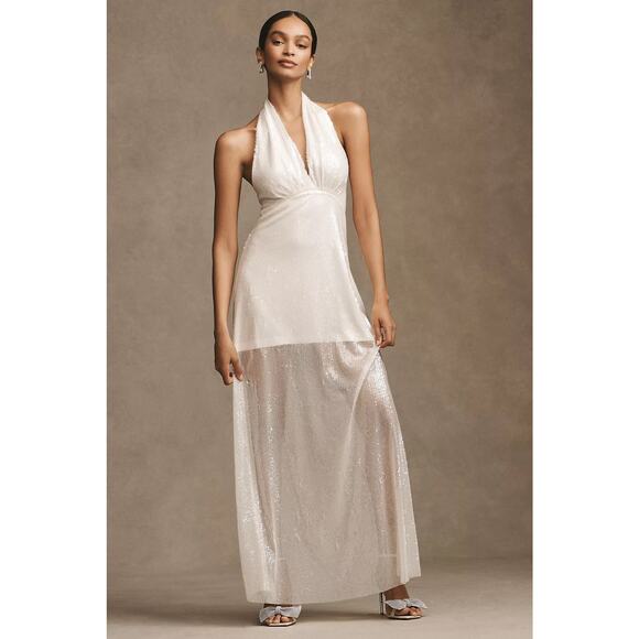 BHLDN Dresses & Skirts - BHLDN April Sequin Halter V-Neck Maxi Dress Bone White Sz:S Ret$398 STUNNING!!!!